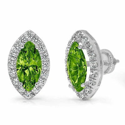 Pre-owned Pucci 3.64ct Mq Round Cut Halo Classic Stud Natural Peridot Earrings 14k White Gold In Green