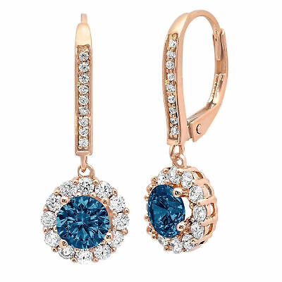 Pre-owned Pucci 3.55 Ct Round Halo Classic Drop Dangle Royal Blue Topaz Earrings 14k Rose Gold