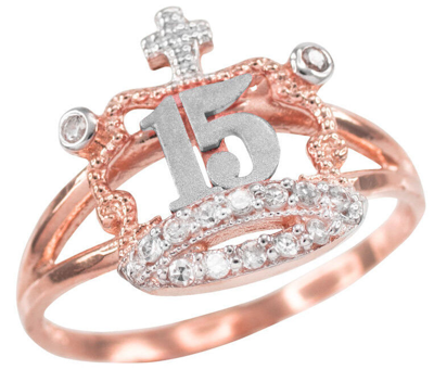 Pre-owned Claddagh Gold 14k Rose Gold Quinceanera 15 Anos Conora Cz Crown Ring