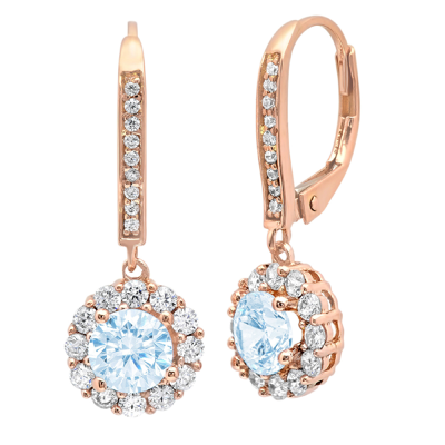 Pre-owned Pucci 3.55 Ct Round Halo Classic Drop Dangle Sky Blue Topaz Earrings 14k Rose Gold