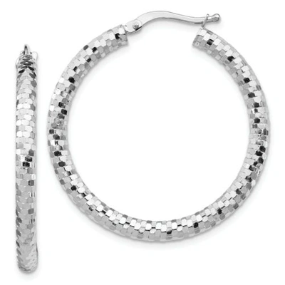 Pre-owned Accessories & Jewelry Italian 14k White Gold 3mm X 25mm Diamond Cut Textured Small Hoop Earrings
