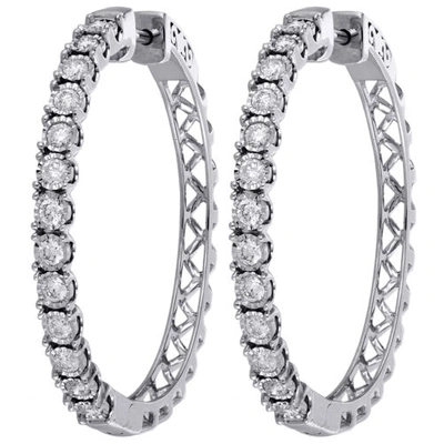 Pre-owned Jfl Diamonds & Timepieces 10k White Gold Real Diamond One Row Bezel Set 1.35" Hoops Huggie Earrings 1 Ct.