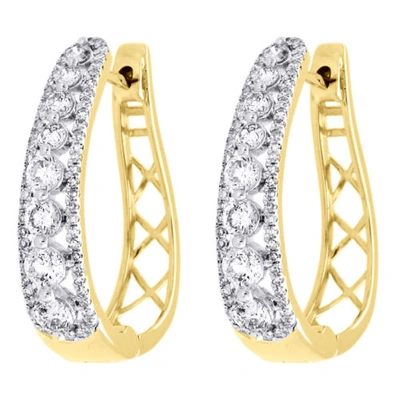 Pre-owned Jfl Diamonds & Timepieces 10k Yellow Gold Genuine Diamond Huggies Ladies Oval Hoop Earrings 0.95" 1.50 Ct. In White