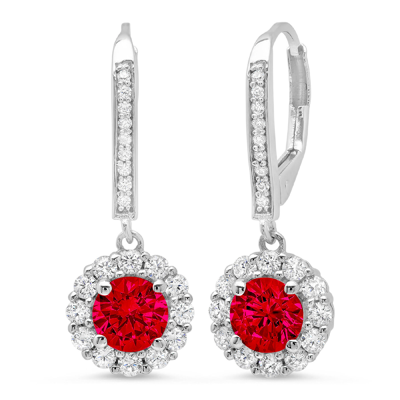 Pre-owned Pucci 3.55 Round Halo Classic Drop Dangle Simulated Ruby Earrings Solid 14k White Gold In Red