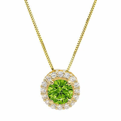 Pre-owned Pucci 1.3 Round Halo Natural Peridot Pendant Necklace 18" Chain Solid 14k Yellow Gold In D