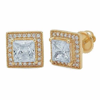 Pre-owned Pucci 2.3 Ct Princess Round Cut Halo Stud Natural Aquamarine Earrings 14k Yellow Gold In D