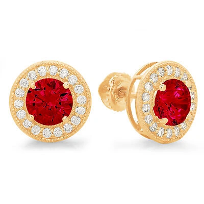 Pre-owned Pucci 3.60 Round Halo Classic Designer Stud Real Red Garnet Earrings 14k Yellow Gold