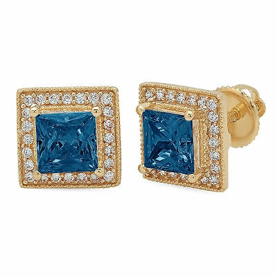 Pre-owned Pucci 2.3 Ct Princess Round Cut Halo Stud Royal Blue Topaz Earrings 14k Yellow Gold In D