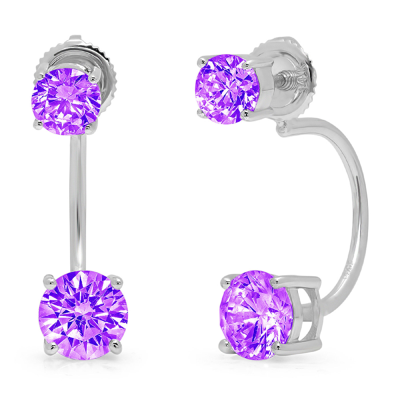 Pre-owned Pucci 3.2 Dual Drop 2 Stone Round Cut Classic Natural Amethyst Earrings 14k White Gold In Purple