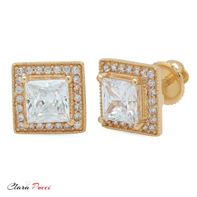 Pre-owned Pucci 2.3 Princess Round Halo Classic Stud Earring 14k Real Gold Synthetic Moissanite In D