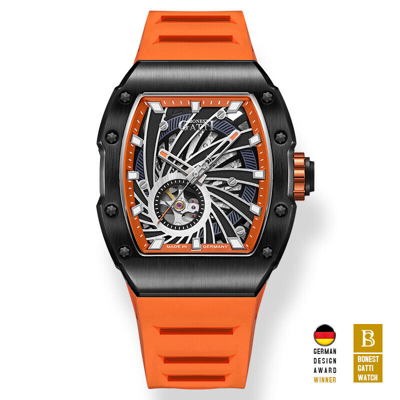 Pre-owned Bonest Gatti Men Automatic Watch Luxury Tonneau Mechanical Wristwatch Skeleton