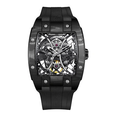 Pre-owned Oblvlo Men Automatic Watch Luxury Black Mechanical Wristwatch Tonneau Skeleton