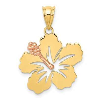 Pre-owned Goldia 14k Yellow And Rose Gold Polished Hibiscus W/ Anther Flower In Bloom Pendant
