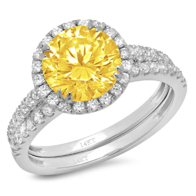 Pre-owned Pucci 2.72ct Round Halo Pave Yellow Vvs1 Cz Wedding Statement Ring Set 14k White Gold