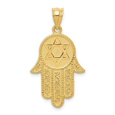 Pre-owned Accessories & Jewelry 14k Yellow Gold Polished & Textured Small Star Of David In Hamsa Charm