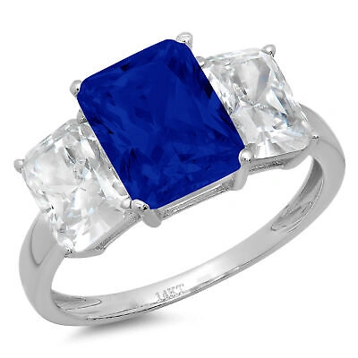 Pre-owned Pucci 4.0 Ct Emerald 3 Stone Simulated Blue Sapphire Promise Ring 14k White Solid Gold In D
