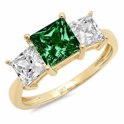 Pre-owned Pucci 3 Princess 3stone Simulated Emerald Classic Bridal Ring Solid 14k Yellow Gold In D
