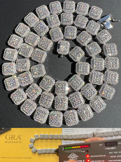 Pre-owned Harlembling Real Moissanite Iced 925 Silver Custom Square Link Chain Passes Tester 18-30" In White/colorless
