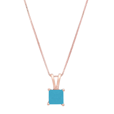 Pre-owned Pucci 2ct Princess Cut Simulated Turquoise Pendant Necklace 16" Chain 14k Pink Gold