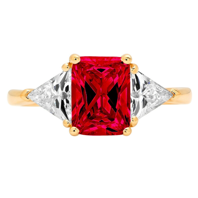 Pre-owned Pucci 3 Emerald Trillion 3 Stone Ruby Simulated Promise Wedding Ring 14k Yellow Gold In Red