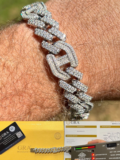 Pre-owned Harlembling Moissanite Solid 925 Silver Mens 15mm Figarucci Gucci Link Prong Cuban Bracelet In White/colorless