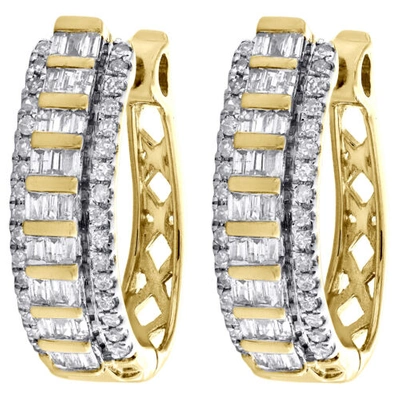 Pre-owned Jfl Diamonds & Timepieces 10k Yellow Gold Tapered Baguette Diamond Oval Hinged Hoop Dome Earrings 0.50 Ct. In White