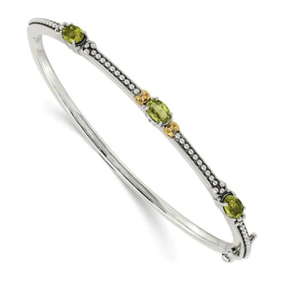Pre-owned Shey Couture Sterling Silver W/ 14k Gold Accent Green Peridot Oval Hinged Bangle