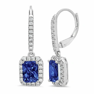 Pre-owned Pucci 3.5 Emerald Round Halo Drop Dangle Simulated Tanzanite Earrings 14k White Gold In Purple