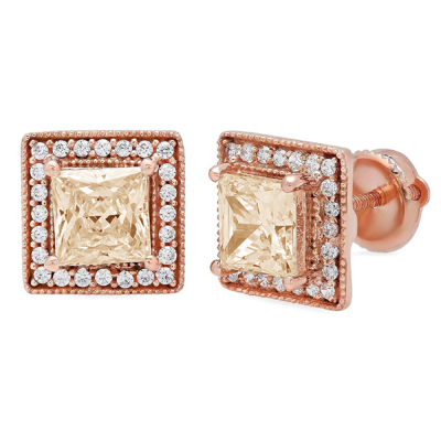 Pre-owned Pucci 2.3 Princess Round Halo Classic Stud Real Morganite Earrings 14k Rose Pink Gold In D