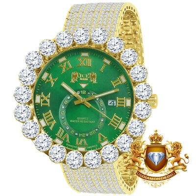 Pre-owned Ice House Real Diamond Roman Dial Gold Tone Green Face 10 Row Custom Band Bezel Watch 55mm