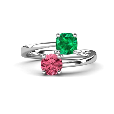 Pre-owned Trijewels Lab Created Emerald & Pink Tourmaline Promise Ring 14k Gold Jp:316791