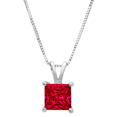 Pre-owned Pucci 3.0 Princess Cut Simulated Ruby Pendant Necklace 16" Chain Solid 14k White Gold In D