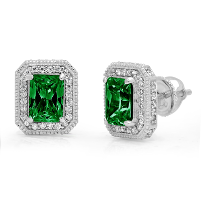 Pre-owned Pucci 3.98 Emerald Round Halo Classic Stud Simulated Emerald Earrings 14k White Gold In Green