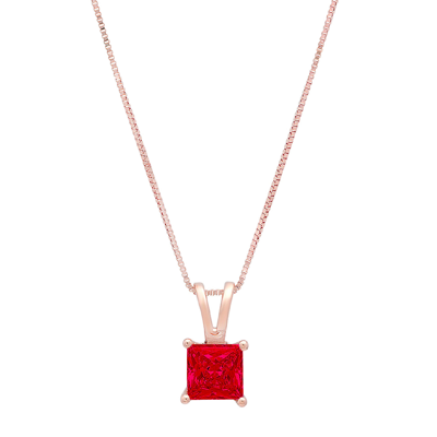 Pre-owned Pucci 3ct Princess Cut Simulated Ruby Pendant Necklace 18" Chain Solid 14k Pink Gold
