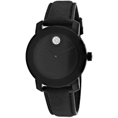 Pre-owned Movado Bold 3600483 Black Dial Leather Strap Crystal Dot Index Women's Watch