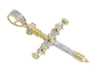 Pre-owned Jewelry Unlimited Men's 10k Yellow Gold Genuine Diamond Nail Cross Pendant Charm 0.35 Ct 1.9" In H-i