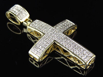 Pre-owned Jewelry Unlimited Pave Genuine Mini Diamond Cross Pendant Charm In Yellow Gold 1.5" .40ct