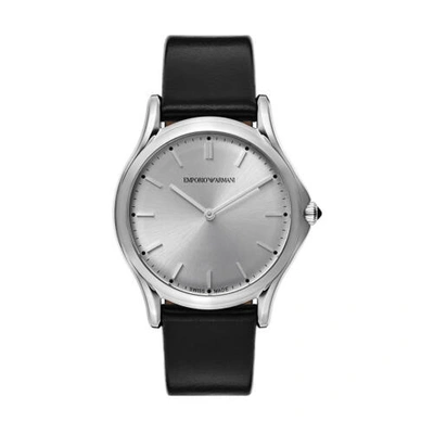 Pre-owned Emporio Armani $695 Msrp |  Men's Silver Dial Black Leather Strap Watch - Ars2002