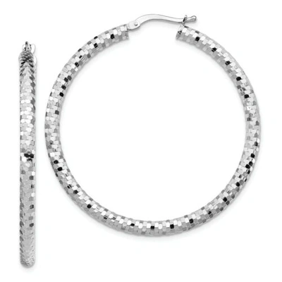 Pre-owned Accessories & Jewelry Italian 14k White Gold 3mm X 35mm Diamond Cut Textured Medium Hoop Earrings