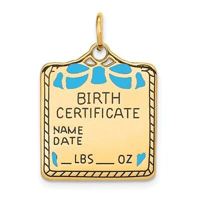 Pre-owned Samajewelers Real 14k Yellow Gold Enameled Blue Engravable Birth Certificate Charm