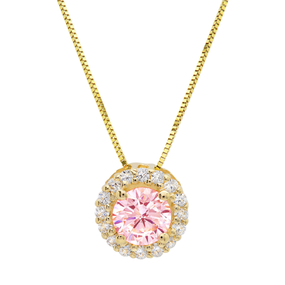 Pre-owned Pucci 1.3ct Round Cut Cz Halo Pink Pendant Necklace 18" Chain Real 14k Yellow Gold