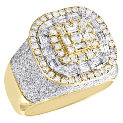 Pre-owned Jfl Diamonds & Timepieces 10k Yellow Gold Round & Baguette Diamond 18mm Square Cluster Pinky Ring 2.30 Ct. In White
