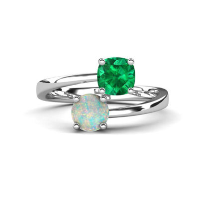 Pre-owned Trijewels Cushion Shape Lab Created Emerald & Round Opal Promise Ring 14k Gold Jp:316954 In Green