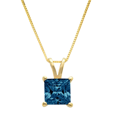 Pre-owned Pucci 2.50ct Princess Cut Royal Blue Topaz Pendant Necklace 16" Chain 14k Yellow Gold In D