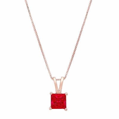 Pre-owned Pucci 2.50 Princess Cut Simulated Ruby Pendant Necklace 18" Chain Solid 14k Pink Gold