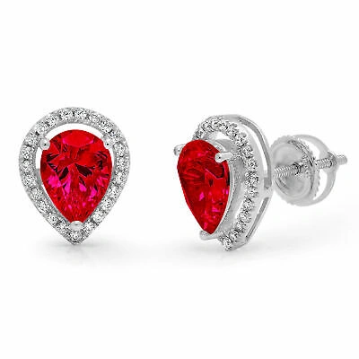 Pre-owned Pucci 2.52 Pear Round Cut Halo Classic Stud Simulated Ruby Earrings 14k White Gold In Red