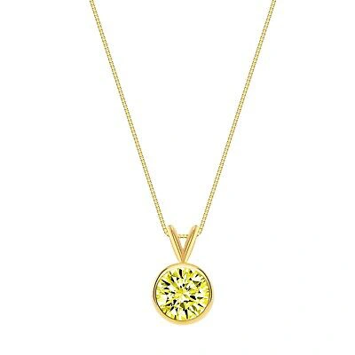 Pre-owned Shine Brite With A Diamond 3 Ct Round Cut Canary Solid 14k Yellow Gold Solitaire Bezel Pendant 18" Necklace