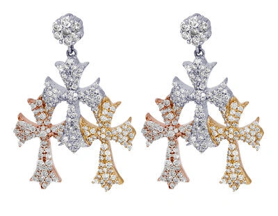 Pre-owned Jewelry Unlimited Unisex Real Tri Color Cross Drop Diamond Earrings 2ct 10k Gold 1.2" In G-h