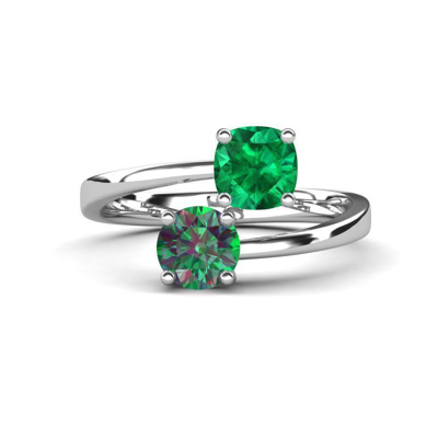 Pre-owned Trijewels Cushion Shape Lab Created Emerald & Alexandrite Promise Ring 14k Gold Jp:316842 In Green