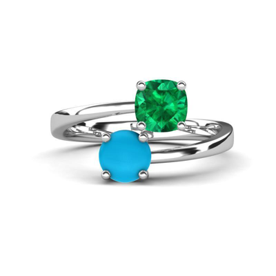 Pre-owned Trijewels Cushion Shape Lab Created Emerald & Turquoise Promise Ring 14k Gold Jp:316961 In Green